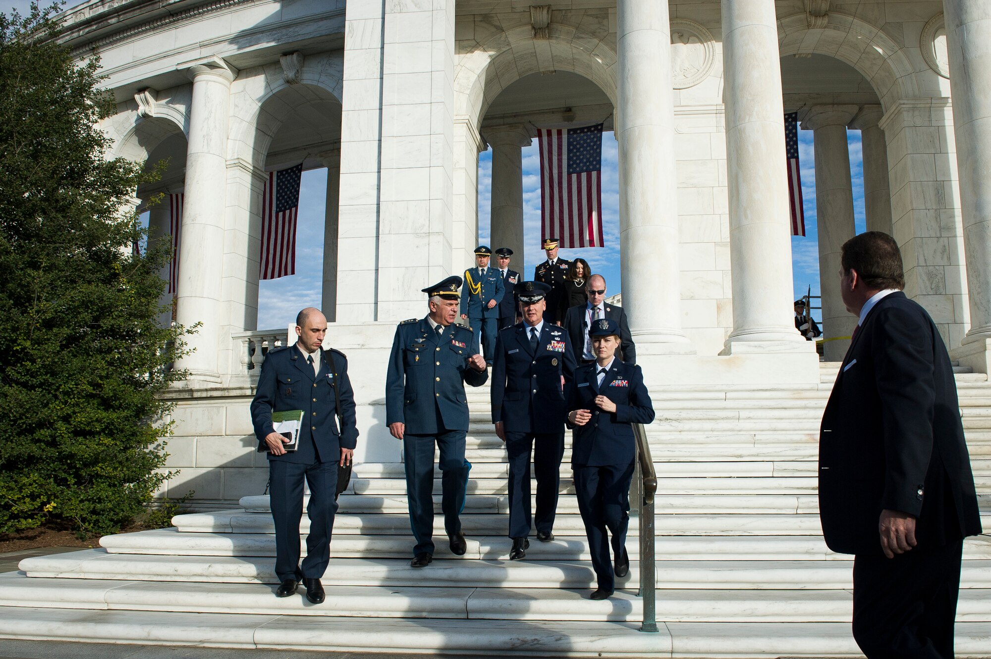 The Ukrainian Air Force commander and the Air Force District of Washington commander participate in a wreath-laying ceremony at Arlington National Cemetery, Arlington, Va.