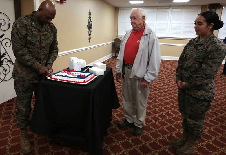 A Coast Guard veteran encouraged several of his military peers to take advantage of many programs offered by Veterans Administration during the monthly veterans breakfast at Marine Corps Logistics Base Albany, November 7. (U.S. Marine Corps photo by Re-Essa Buckels).