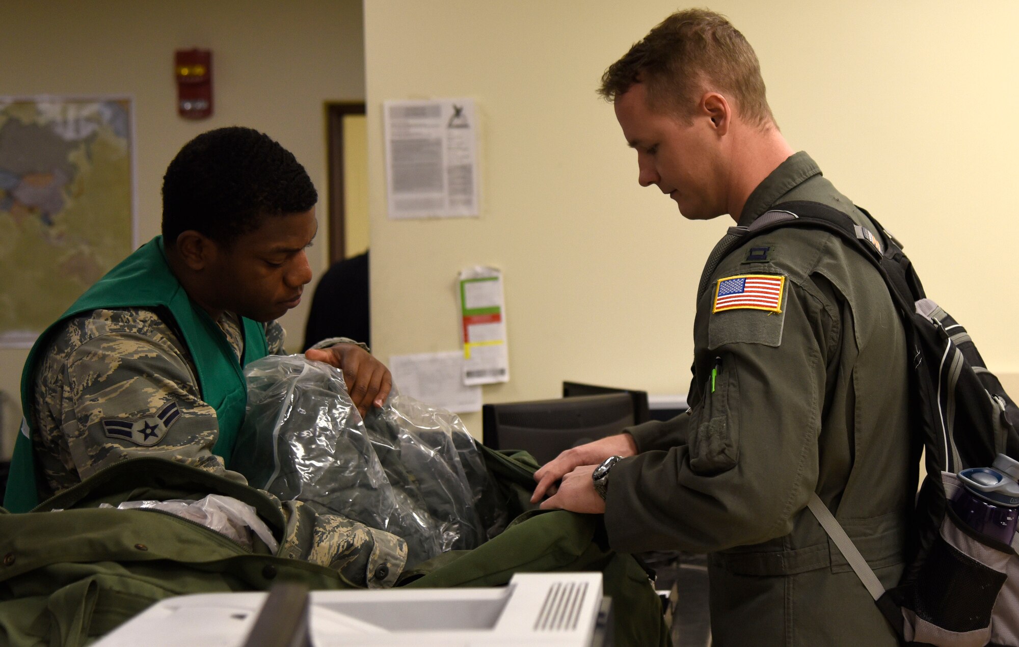 An Airman from the 22nd Logistics Readiness Squadron reviews mobility items prior to issuing the equipment during a mobility training exercise, Oct. 31, 2018, at McConnell Air Force Base, Kan. This process ensures Airmen have all of the required items if deploying in support of a contingency. Global Thunder involves extensive planning and coordination and provides unique training opportunities and assessments for all U.S. Strategic Command mission areas and joint and field training operational readiness, with a specific focus on nuclear readiness. The training is based on a notional scenario exercise to test readiness and ensure a safe, secure, ready and reliable strategic deterrent force. (U.S. Air Force photo by Airman 1st Class Michaela R. Slanchik)