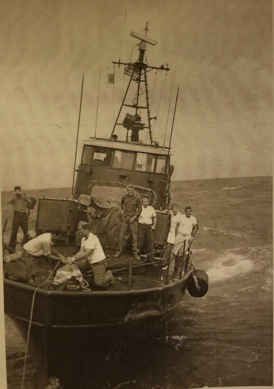 A crew mans an 82-foot U.S. Coast Guard Cutter in 1968 off the coast of Vietnam. The USCGC Cormorant crew took the class of 1965 on a tour of the Charleston Harbor during the 50-year anniversary of when they deployed to Vietnam. The class was deployed to Vietnam in 1968 where they patrolled the coast of the country during the conflict.