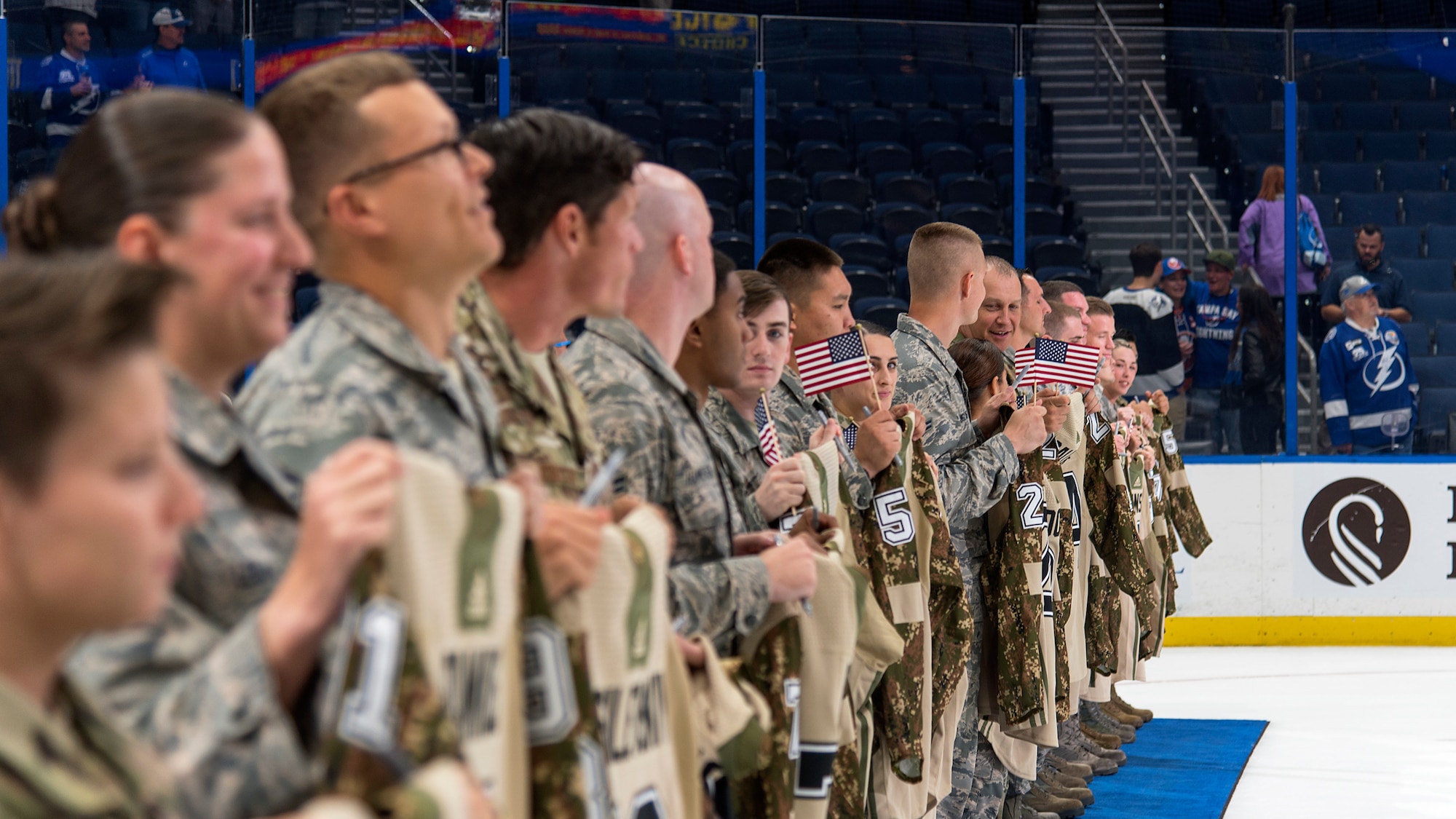 U.S. Air Force Airmen from MacDill Air Force Base, Fla., take part in the Tampa Bay Lightning’s Military Appreciation Night game at Amalie Arena Nov. 8, 2018. Throughout the night, the Lightning honored current and retired military members as well as the more than 2,000 service members in attendance.