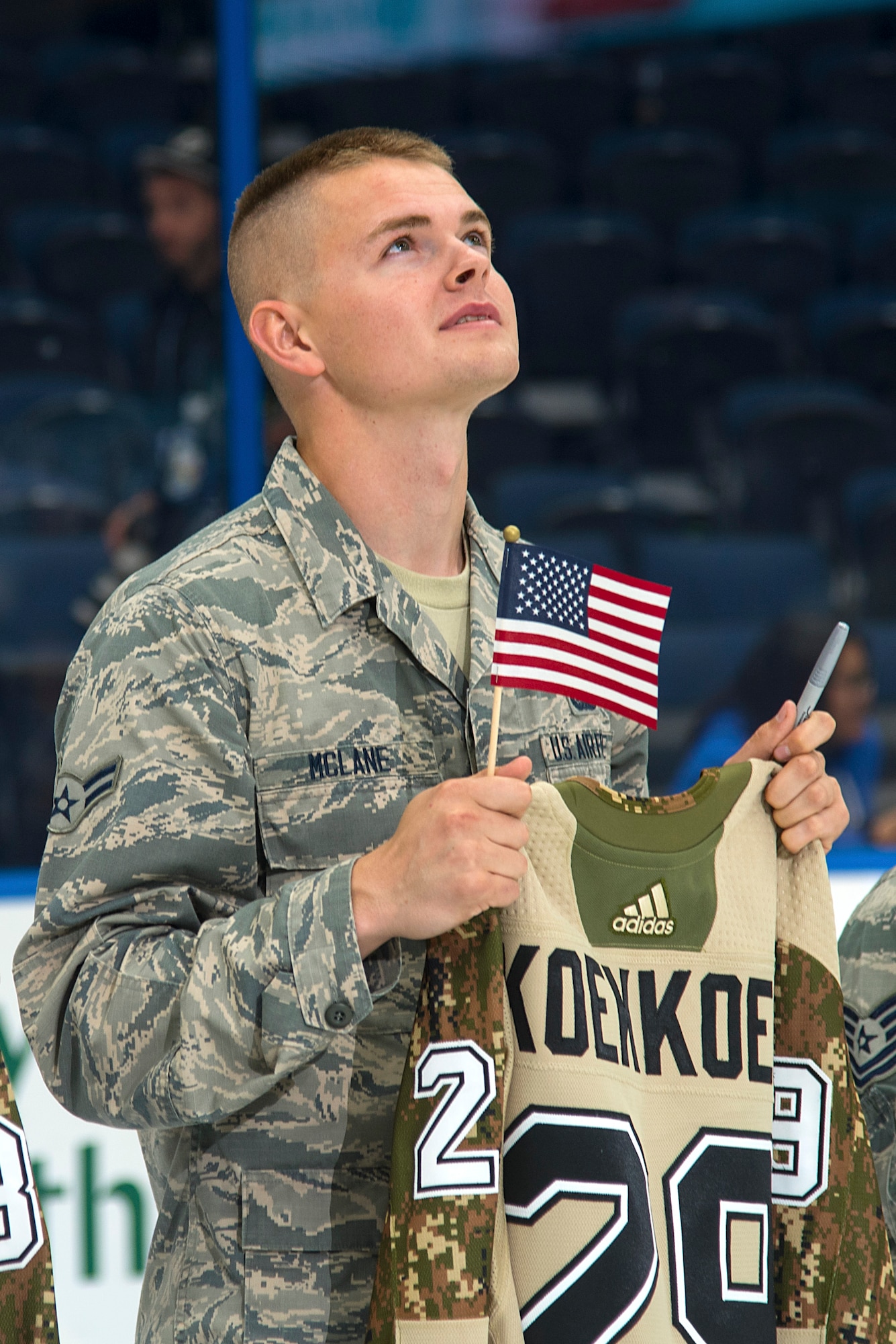 U.S. Air Force Airmen from MacDill Air Force Base, Fla., take part in the Tampa Bay Lightning’s Military Appreciation Night game at Amalie Arena Nov. 8, 2018. Throughout the night, the Lightning honored current and retired military members as well as the more than 2,000 service members in attendance.