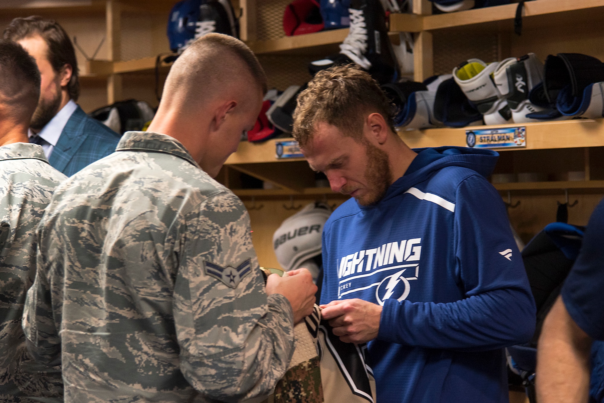 U.S. Air Force Airmen from MacDill Air Force Base, Fla., take part in the Tampa Bay Lightning’s Military Appreciation Night game at Amalie Arena Nov. 8, 2018. Throughout the night, the Lightning honored current and retired military members as well as the more than 2,000 service members in attendance.