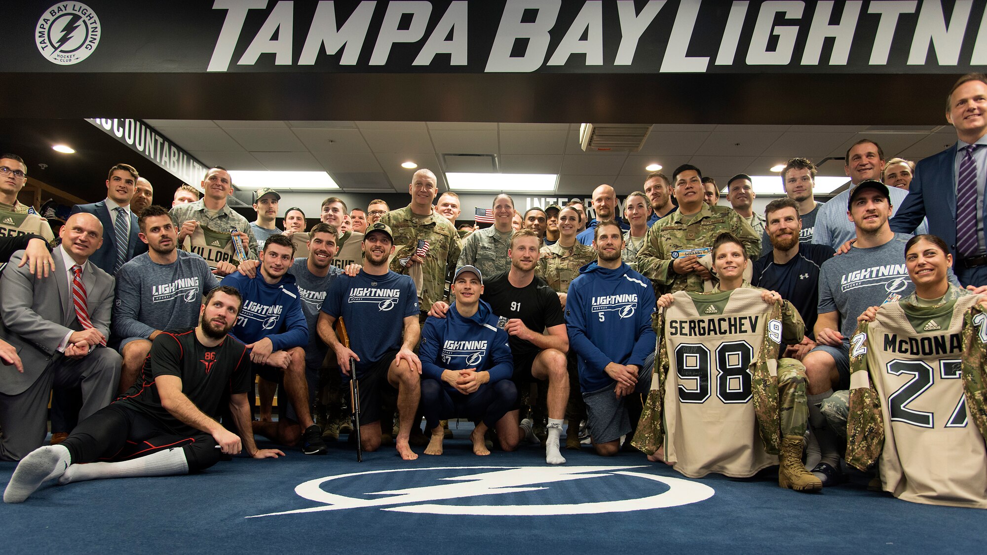 U.S. Air Force Airmen from MacDill Air Force Base, Fla., take part in the Tampa Bay Lightning’s Military Appreciation Night game at Amalie Arena Nov. 8, 2018. Throughout the night, the Lightning honored current and retired military members as well as the more than 2,000 service members in attendance.