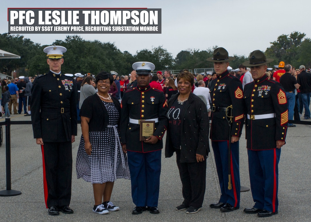 Marine graduates Marine Corps Recruit Training as platoon honor graduate.