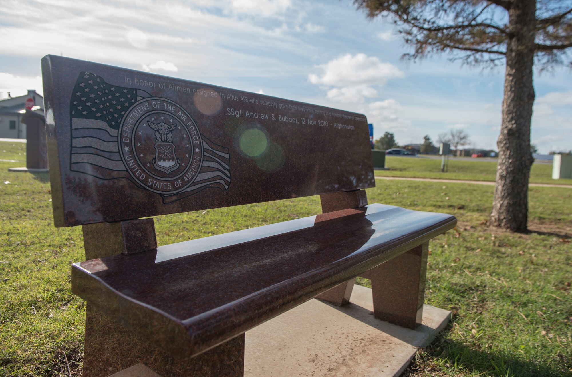 The monument for Staff Sgt. Andrew Bubacz stands in Wings of Freedom Park Nov. 11, 2018, Altus Air Force Base, Okla. A ceremony to honor Bubacz is held in front of the monument every year to honor Bubacz, who died in support of Operation Enduring Freedom.