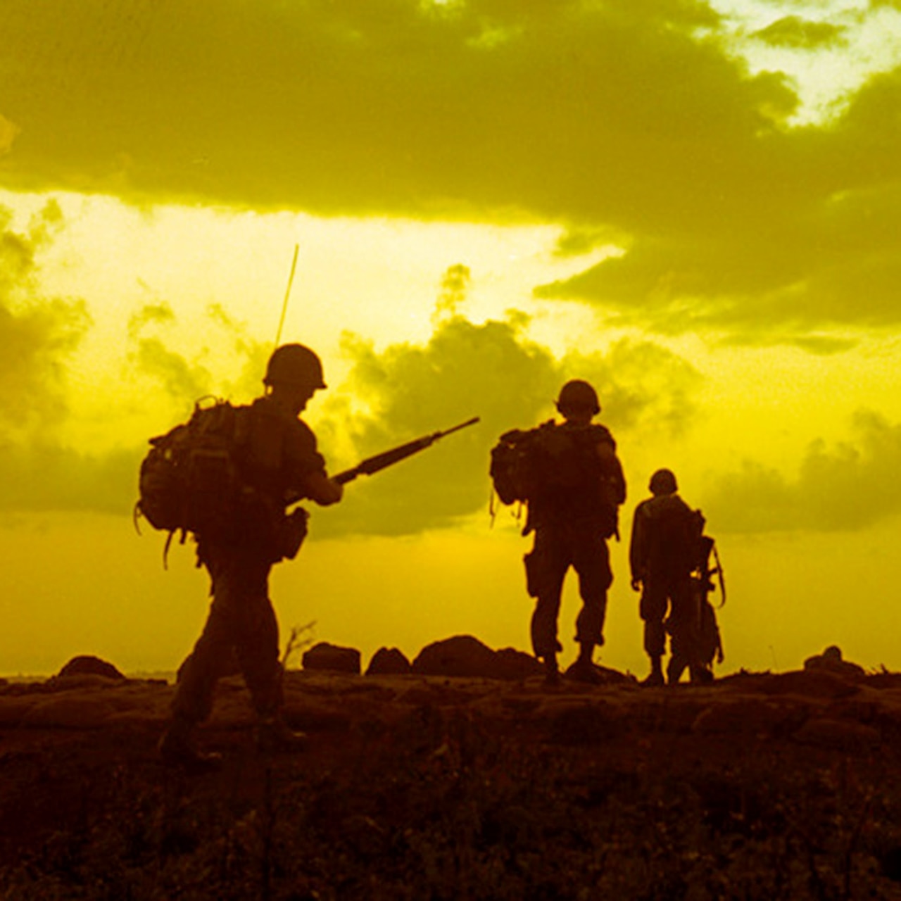 Soldiers conduct a dismounted patrol in South Vietnam.
