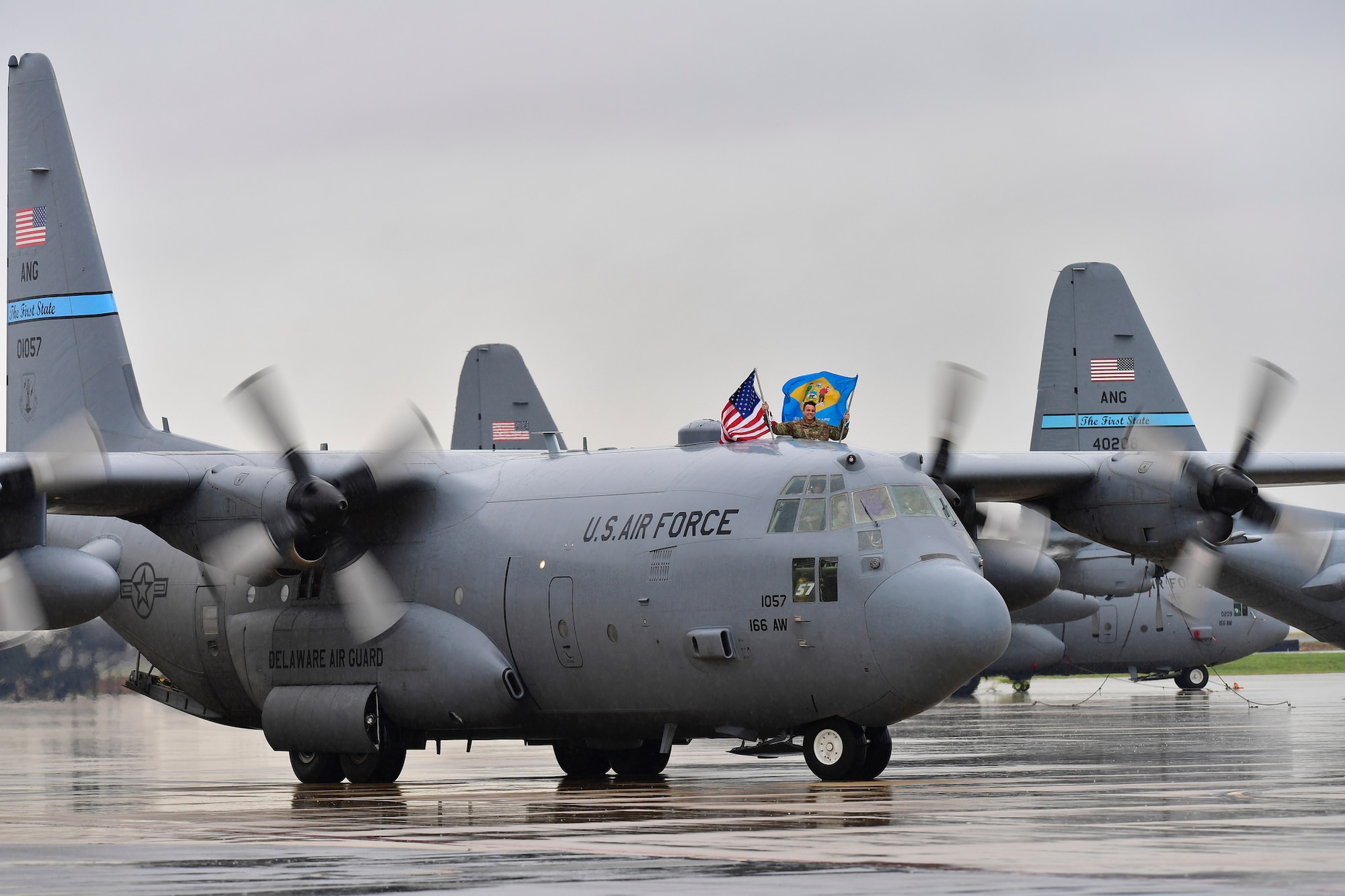 A C-130H arrives at New Castle Air National Guard Base, Del., Nov. 9, 2018. Deployments offer an active-duty experience to traditional ANG members, as many ANG members serve one weekend per month and two weeks out of the year. (U.S. Air National Guard photo by Staff Sgt. John Michaels)