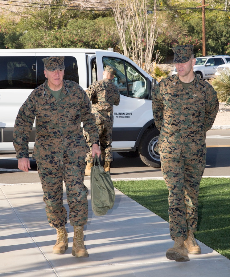 After being met in front of the Headquarters building, Lietenant General Charles G. Chiarotti, Deputy Commandant/Installations and Logistics, Headquarters Marines Corps, is  escorted in by Colonel Craig C. Clemans, Commanding Officer, Marine Corps Logistics Base Barstow, for introduction of staff and officers.