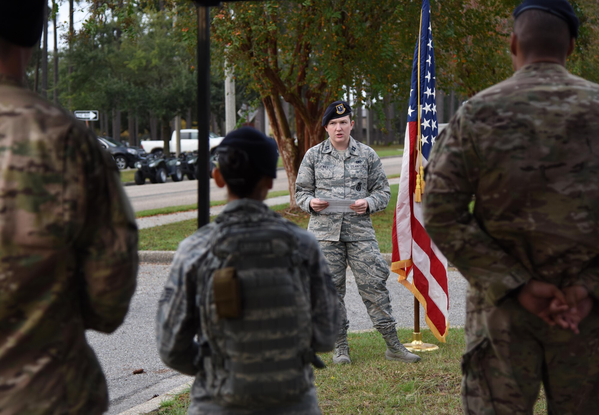U.S. Air Force Capt. Samantha Giebel, 81st Security Forces Squadron operations officer, welcomes attendees to the 81st SFS Veterans Day Ruck March at Keesler Air Force Base, Mississippi, Nov. 9, 2018. The 6.8 mile ruck march was held in honor of all veterans and victims of war. (U.S. Air Force photo by Kemberly Groue)