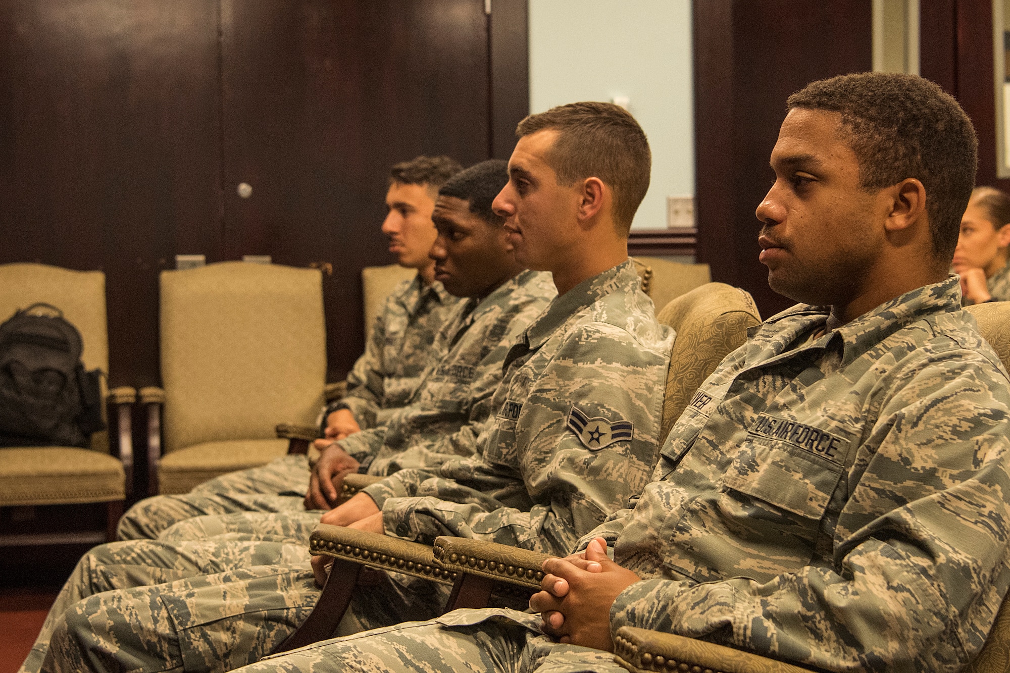 Keesler 335th Training Squadron weather students listen to a SkyWarn Program briefing inside the Weather Training Complex at Keesler Air Force Base, Mississippi, Nov. 2, 2018. The program is a partnership between the National Weather Service and the 81st Training Wing, which certifies the weather students to be official storm spotters. (U.S. Air Force photo by Airman 1st Class Suzie Plotnikov)