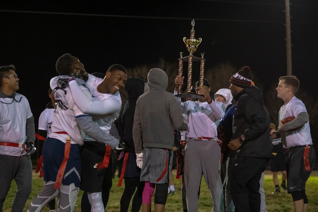 SF Sykes celebrates after defeating SF Stankiewicz in the 2018 intramural flag football championship at Kirtland Air Force Base, N.M., Nov. 8. (U.S. Air Force photo by Staff Sgt. J.D. Strong II)