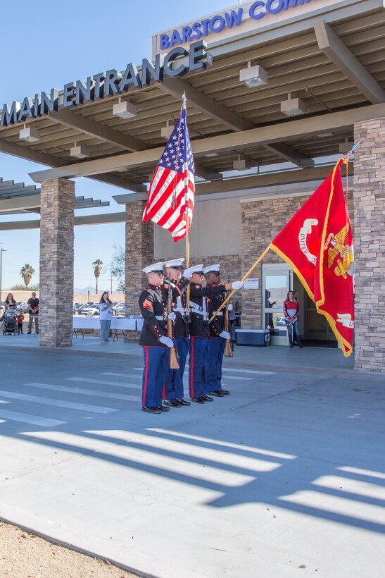 Color Guard, representing Marine Corps Logistics Base Barstow, presents the colors during the Veteran's Appreciation Day held by Barstow Community Hospital in Barstow, Calif., Nov. 7. (U.S. Marine Corps Photo by Jack J. Adamyk)