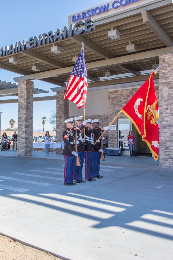 Color Guard, representing Marine Corps Logistics Base Barstow, presents the colors during the Veteran's Appreciation Day held by Barstow Community Hospital in Barstow, Calif., Nov. 7. (U.S. Marine Corps Photo by Jack J. Adamyk)