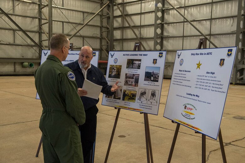 Bryan Doyle, a safety specialist for the 97th Maintenance Group, details all the safety practices the 97th MXG implements to U.S. Air Force Maj. Gen. Mark Weatherington, Air Education and Training Command deputy commander, Nov. 8, 2018, at Altus Air Force Base, Okla. Weatherington spent two days seeing the mission of the men and women of the Mighty 97th. (U.S. Air Force photo by Senior Airman Cody Dowell)