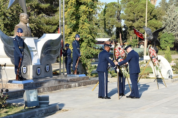U.S. Air Force Col. Brian Filler and Base Honor Guard lay a wreath during a joint ceremony commemorating Mustafa Kemal Ataturk at Incirlik AB, Turkey.