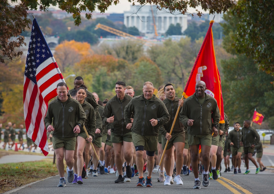 Commandant of the Marine Corps Gen. Robert B. Neller and Sergeant Major of the Marine Corps Sgt. Maj. Ronald L. Green participate in a motivational run at Joint Base Myer-Henderson Hall, Arlington, Va., Nov. 8, 2018. Marines ran in celebration of the Marine Corps 243rd birthday.