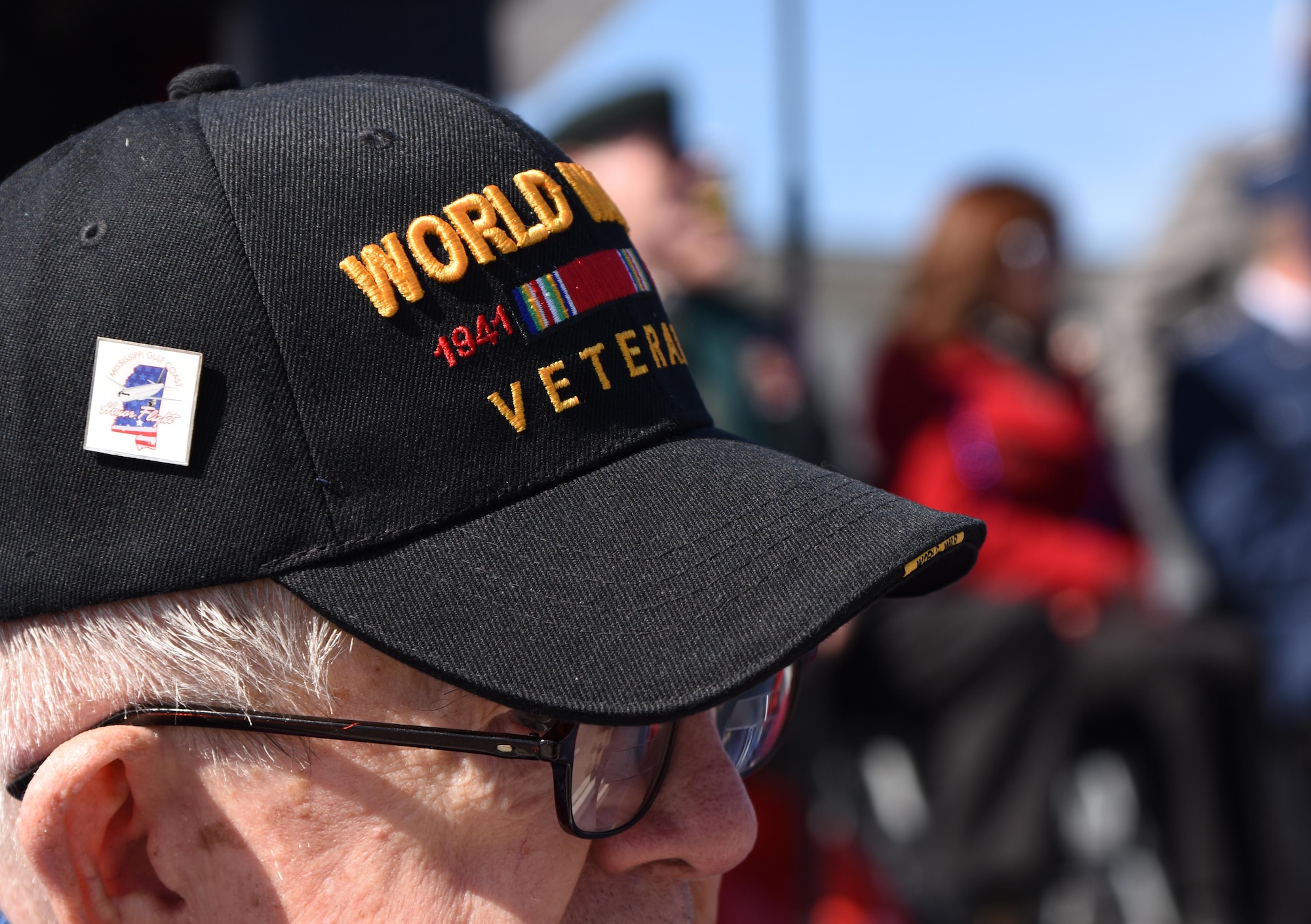 U.S. Army Retired Sgt. 1st Class Harry Rhizor, World War II veteran, attends the 18th Annual Gulf Coast Veterans Day Parade in Gulfport, Mississippi, Nov. 10, 2018. Keesler Air Force Base leadership along with hundreds of Airmen attended and participated in the parade in support of all veterans past and present. More than 70 unique floats, marching bands and military units marched in the largest Veterans Day parade on the Gulf Coast. (U.S. Air Force photo by Kemberly Groue)