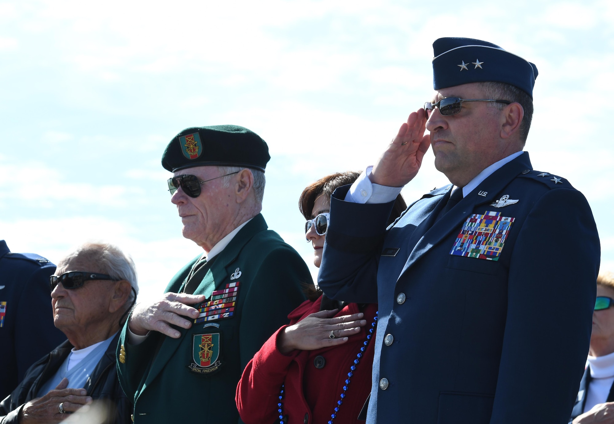 U.S. Air Force Maj. Gen. Timothy Leahy, 2nd Air Force commander, renders a salute from the reviewing stand during the 18th Annual Gulf Coast Veterans Day Parade in Gulfport, Mississippi, Nov. 10, 2018. Keesler Air Force Base leadership along with hundreds of Airmen attended and participated in the parade in support of all veterans past and present. More than 70 unique floats, marching bands and military units marched in the largest Veterans Day parade on the Gulf Coast. (U.S. Air Force photo by Kemberly Groue)