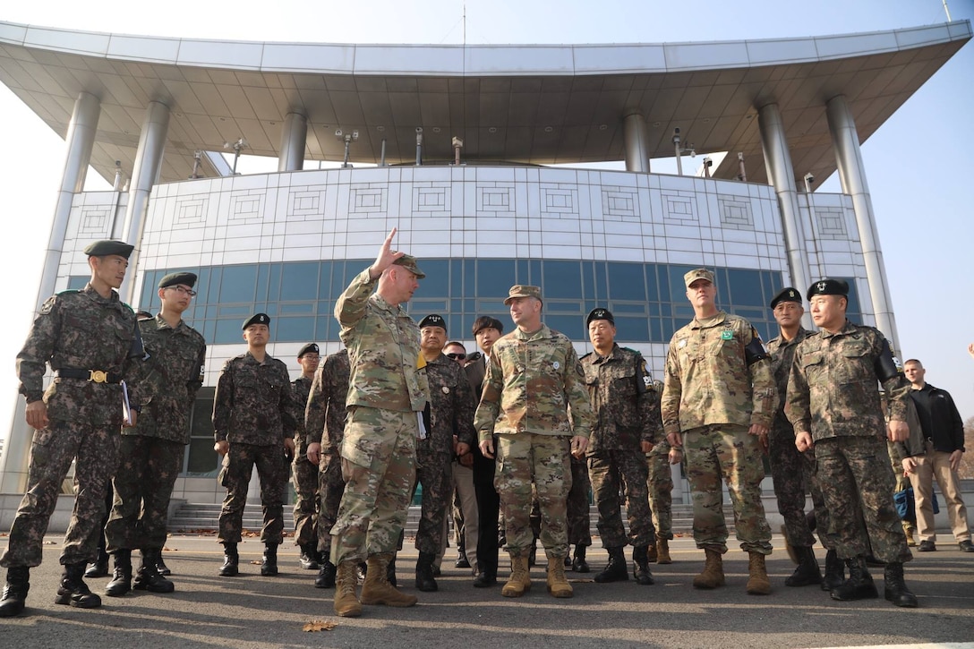 Gen. Robert B. Abrams, commander United Nations Command, Combined Forces Command and US Forces Korea, visits the Joint Security Area, Nov. 10. Gen. Abrams toured the facility and visited with the Soldiers on site along with Gen. Park Han-ki, Republic of Korea Chairman of the Joint Chiefs of Staff.