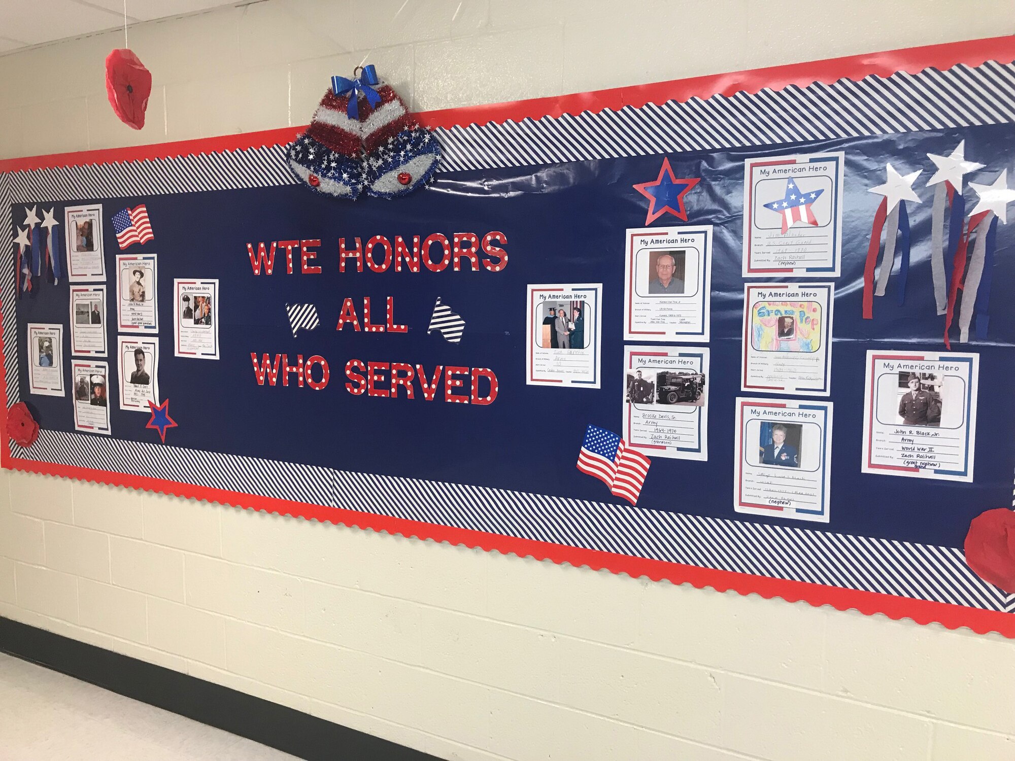 A Veteran’s Day display at Westtown Thornbury Elementary School, West Chester Area School District, Pennsylvania.  Nine members of the 332d Air Expeditionary Wing 332d Expeditionary Communications Squadron, deployed to an undisclosed location, participated in a video chat with 4th grade students at the school on Friday, November 9th.