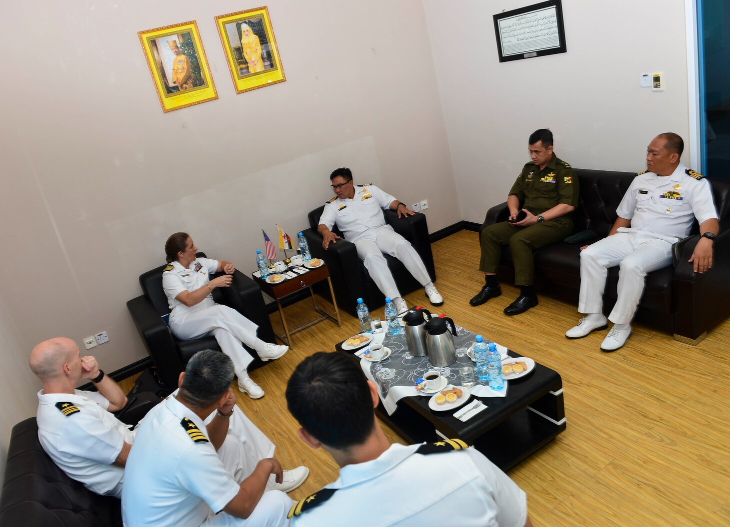 MUARA NAVAL BASE, Brunei (Nov. 12, 2018) - Capt. Ann McCann, deputy commodore of Destroyer Squadron 7, meets with Capt. Yusuf Masron, Royal Brunei Navy Acting Joint Force Commander, before the opening ceremony for Cooperation Afloat Readiness and Training (CARAT) Brunei 2018. During the meeting, the two leaders talked about the opportunity to enhance interoperability between the U.S. and Royal Brunei Navies during this year's exercise. CARAT Brunei 2018 marks the 24th iteration of the maritime exercise series and reflects the growing relationship between the U.S. and Royal Brunei Navy to further expand bilateral and multilateral exercises in cooperatively ensuring maritime security, stability and prosperity.