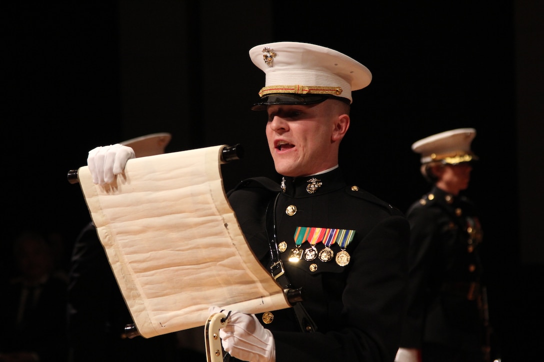 SEOUL – U.S. Marine Corps Forces Korea celebrates the USMC 243rd birthday here, Nov. 9. Lt. Bart Sobczyk, MARFORK adjutant, read Gen. John A. Legeune's message as part of the birthday ball ceremony before the cake cutting. (U.S. Marine Corps photos by Sgt. Nathaniel Hanscom/Released)