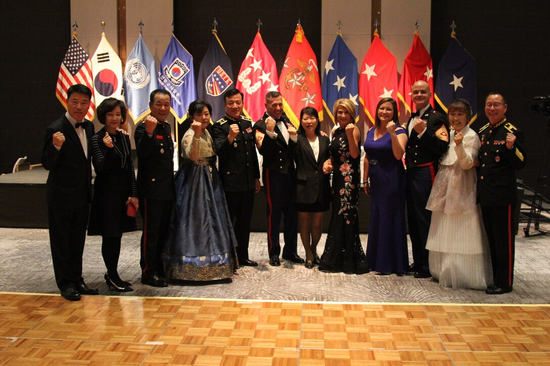 SEOUL – U.S. Marine Corps Forces Korea celebrates the USMC 243rd birthday here, Nov. 9. Senior enlisted leaders of the Republic of Korea and U.S. Marine Corps and their spouses raised their fists in solidarity, showing the tight knit alliance between the two nations at the birthday ball hosted by MARFORK. (U.S. Marine Corps photos by Sgt. Nathaniel Hanscom/Released)