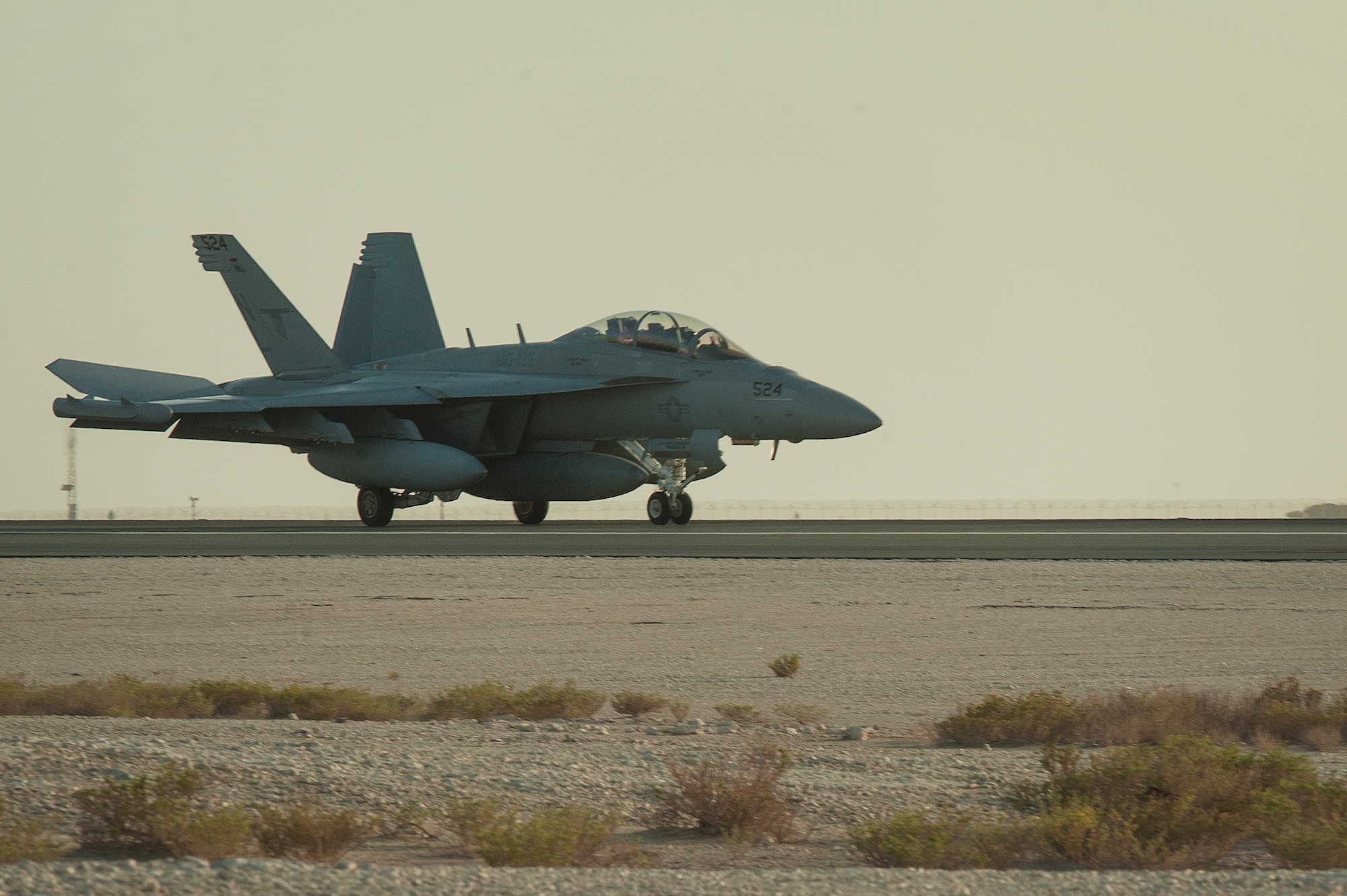 An EA-18G Growler assigned to the Electronic Attack Squadron 135 (VAQ-135) “Black Ravens” arrives at Al Udeid Air Base, Qatar, Oct. 30, 2018. The electronic warfare aircraft has electronic attack, jamming, and satellite communication capabilities as well as communication countermeasures. VAQ-135 will replace VMAQ-2, which operated EA-6B Prowlers. VAQ-135 is deployed to the U.S. 5th Fleet area of operations in support of naval operations to ensure maritime stability and security in the Central Region, connecting the Mediterranean and the Pacific through the western Indian Ocean and three strategic choke points. (U.S. Air Force photo by Tech. Sgt. Christopher Hubenthal)