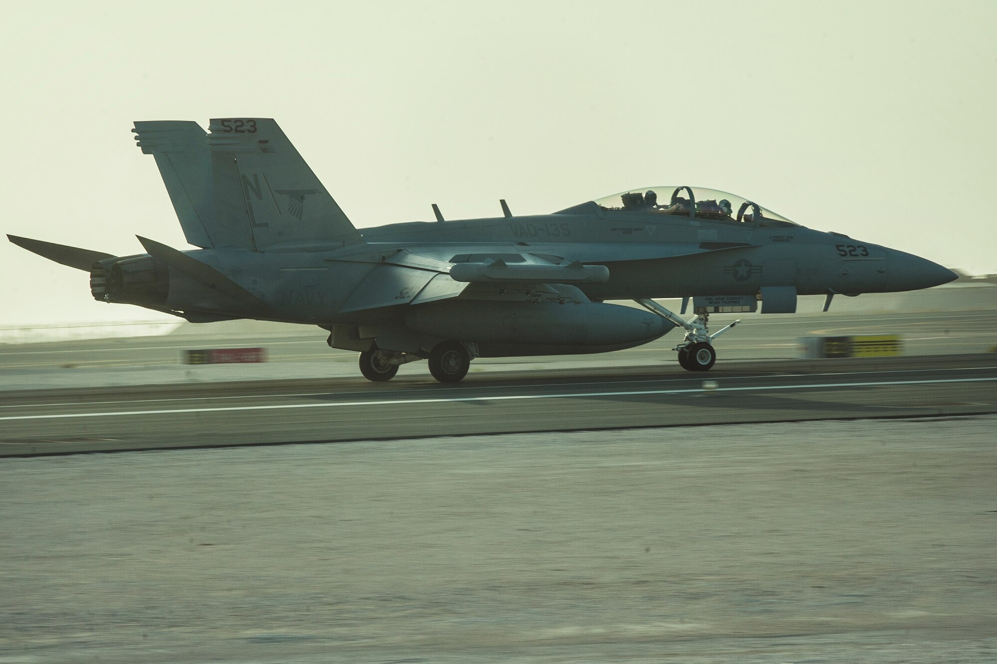 An EA-18G Growler assigned to the Electronic Attack Squadron 135 (VAQ-135) “Black Ravens” arrives at Al Udeid Air Base, Qatar, Oct. 30, 2018. The electronic warfare aircraft has electronic attack, jamming, and satellite communication capabilities as well as communication countermeasures. VAQ-135 will replace VMAQ-2, which operated EA-6B Prowlers. VAQ-135 is deployed to the U.S. 5th Fleet area of operations in support of naval operations to ensure maritime stability and security in the Central Region, connecting the Mediterranean and the Pacific through the western Indian Ocean and three strategic choke points. (U.S. Air Force photo by Tech. Sgt. Christopher Hubenthal)