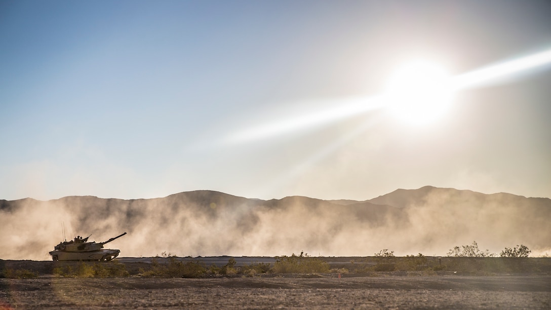 An M1A1 Abrams Main Battle Tank attached with Battalion Landing Team 3rd Battalion, 5th Marine Regiment, 11th Marine Expeditionary Unit, patrols during a predeployment training exercise at Marine Corps Air Ground Combat Center Twentynine Palms, Calif., Nov. 9, 2018. Darkhorse is preparing for deployment as the ground combat element of the 11th MEU, next year.