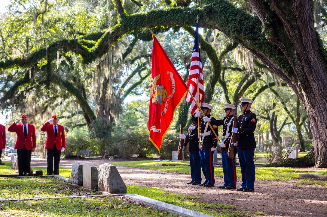 Marine Forces Reserve personnel present the colors during a wreath laying ceremony held at the Grace Episcopal Church of West Feliciana in St. Francisville, La., Nov. 10, 2018. Every year, Marines lay a wreath on the gravesite of Gen. Robert H. Barrow, 27th Commandant of the Marine Corps, in honor of his service to the Marine Corps and the country.
