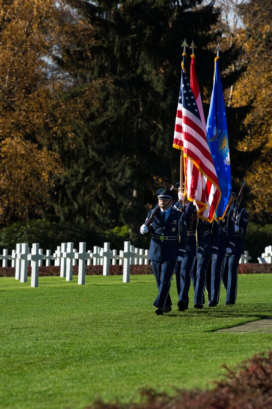 U.S. Air Force 52nd Fighter Wing Honor Guard Airmen present the colors at the Luxembourg American Cemetery and Memorial, Luxembourg City, Luxembourg, Nov. 11, 2018. Americans and Luxembourgers gathered to honor the service and sacrifice of the U.S. armed forces in commemoration of Veterans Day. (U.S. Air Force photo by Airman 1st Class Valerie Seelye)