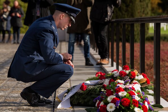 U.S. Air Force Col. Jason Bailey, 52nd Fighter Wing commander, lays a wreath in honor of Veterans Day at the Luxembourg American Cemetery and Memorial, Luxembourg City, Luxembourg, Nov. 11, 2018. The cemetery and memorial were established in 1944 after American troops liberated Luxembourg and serves as the final resting place for more than 5,000 American service members. (U.S. Air Force photo by Airman 1st Class Valerie Seelye)