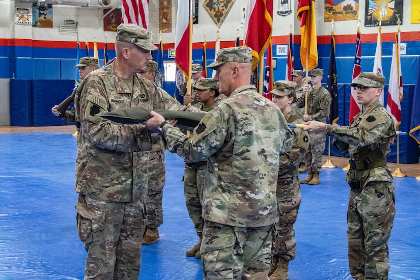 Maj. Gen Andrew Schafer, 28th Infantry Division commanding general, and Command Sgt. Maj. John Jones case the division colors during a transfer of authority ceremony Nov. 12, 2018. Then Pennsylvania Army National Guard unit's headquarters and headquarters battalion passed responsibility for the Task Force Spartan mission to the 34th Infantry Division which is comprised of Soldiers from the Iowa and Minnesota National Guard. The 28th's HHBN served as a division headquarters for roughly 10,000 Soldiers conducting theater security operations in the Middle East.