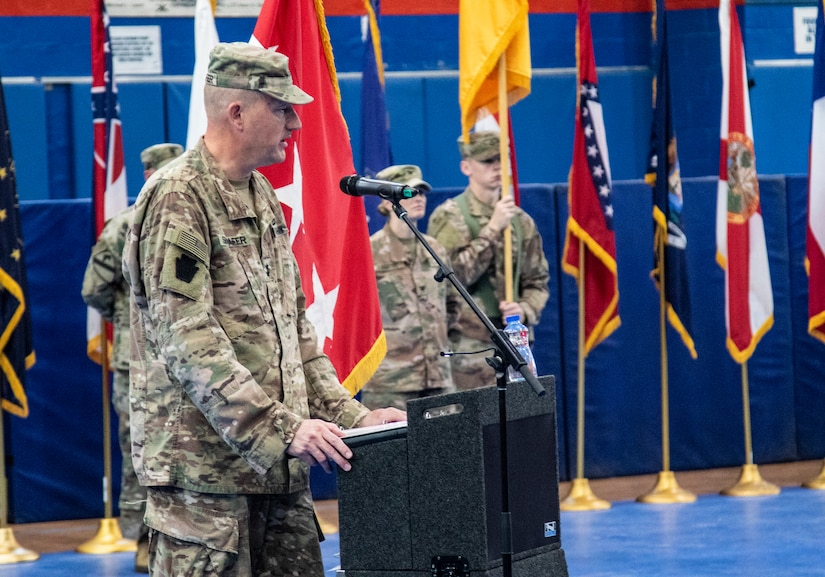 Maj. Gen Andrew Schafer, 28th Infantry Division commanding general, and Command Sgt. Maj. John Jones case the division colors during a transfer of authority ceremony Nov. 12, 2018. Then Pennsylvania Army National Guard unit's headquarters and headquarters battalion passed responsibility for the Task Force Spartan mission to the 34th Infantry Division which is comprised of Soldiers from the Iowa and Minnesota National Guard. The 28th's HHBN served as a division headquarters for roughly 10,000 Soldiers conducting theater security operations in the Middle East.