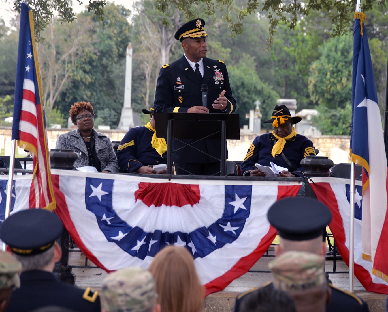 Maj. Gen. Patrick Sargent, commanding general, U.S. Army Medical Department Center & School, Joint Base San Antonio-Fort Sam Houston, delivers the keynote speech at the annual Bexar County Buffalo Soldiers Commemorative Ceremony at the San Antonio National Cemetery Nov. 11. Comprised of former slaves, freed men and Black Civil War veterans, the historic Buffalo Soldiers persevered through the most difficult conditions imaginable to become some of the most elite and most decorated units in the U.S. Army.