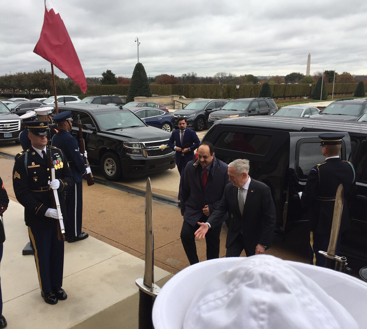 Defense Secretary James N. Mattis greets Qatari Minister of State for Defense Khalid al-Attiyah at the Pentagon in Washington.