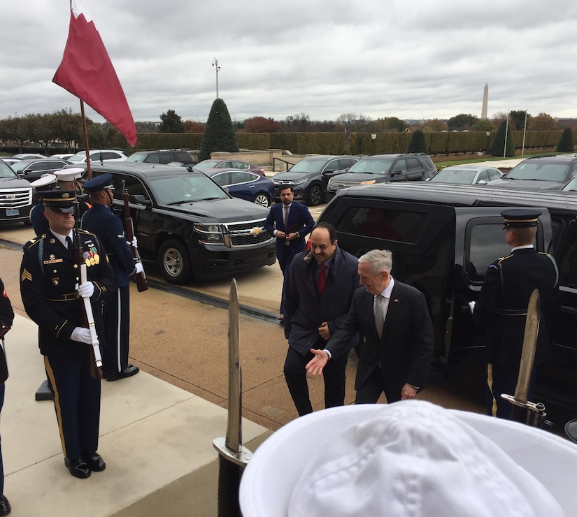 Defense Secretary James N. Mattis greets Qatari Minister of State for Defense Khalid al-Attiyah at the Pentagon in Washington.