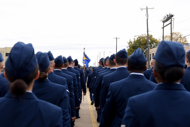 Airmen from the 312th Training Squadron march in the Veterans Day Parade in San Angelo, Texas, Nov. 10, 2018. The parade included the squadrons under the 17th Training Wing. (U.S. Air Force photo by Senior Airman Randall Moose/Released)