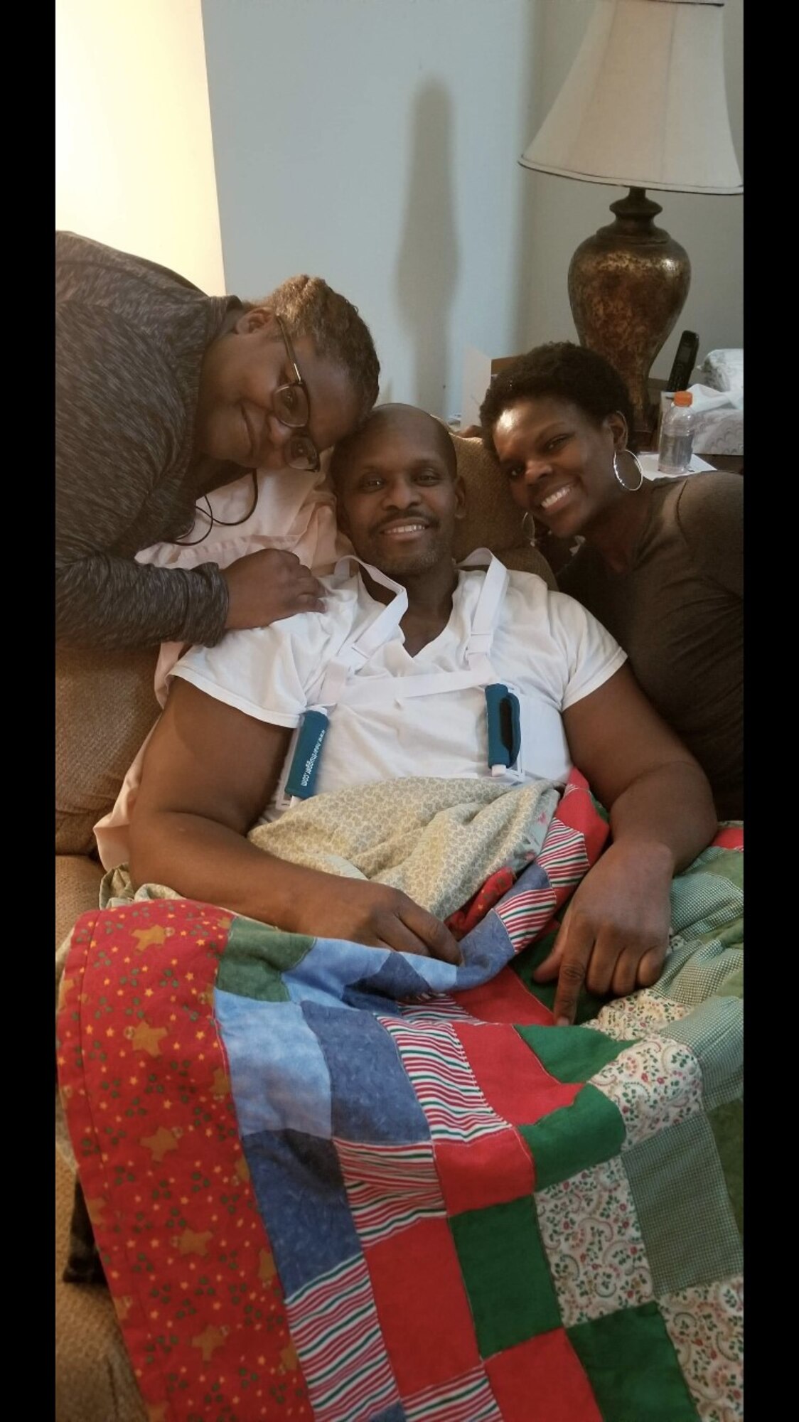 Jackie Bryant, left and Monique Todd, right, sisters of retired Master Sgt. and financial management specialist Daryl McFadden, Center, pose with McFadden after his triple bypass surgery. McFadden underwent heart surgery in January 2018 for obstruction of three vessel coronary arteries. After visiting his doctor for shortness of breath, test results showed his heart had 70-90 percent blockage. (Courtesy photo)