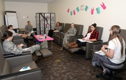 A group of moms discuss issues about their pregnancies during the Nov. 8 Centering for Pregnancy session at Wilford Hall Ambulatory Surgical Center on Joint Base San Antonio-Lackland, Texas. The Centering program provides moms with information and resources designed to help them throughout every stage of their pregnancy. 
(U.S. Air Force photo by Daniel J. Calderón)
