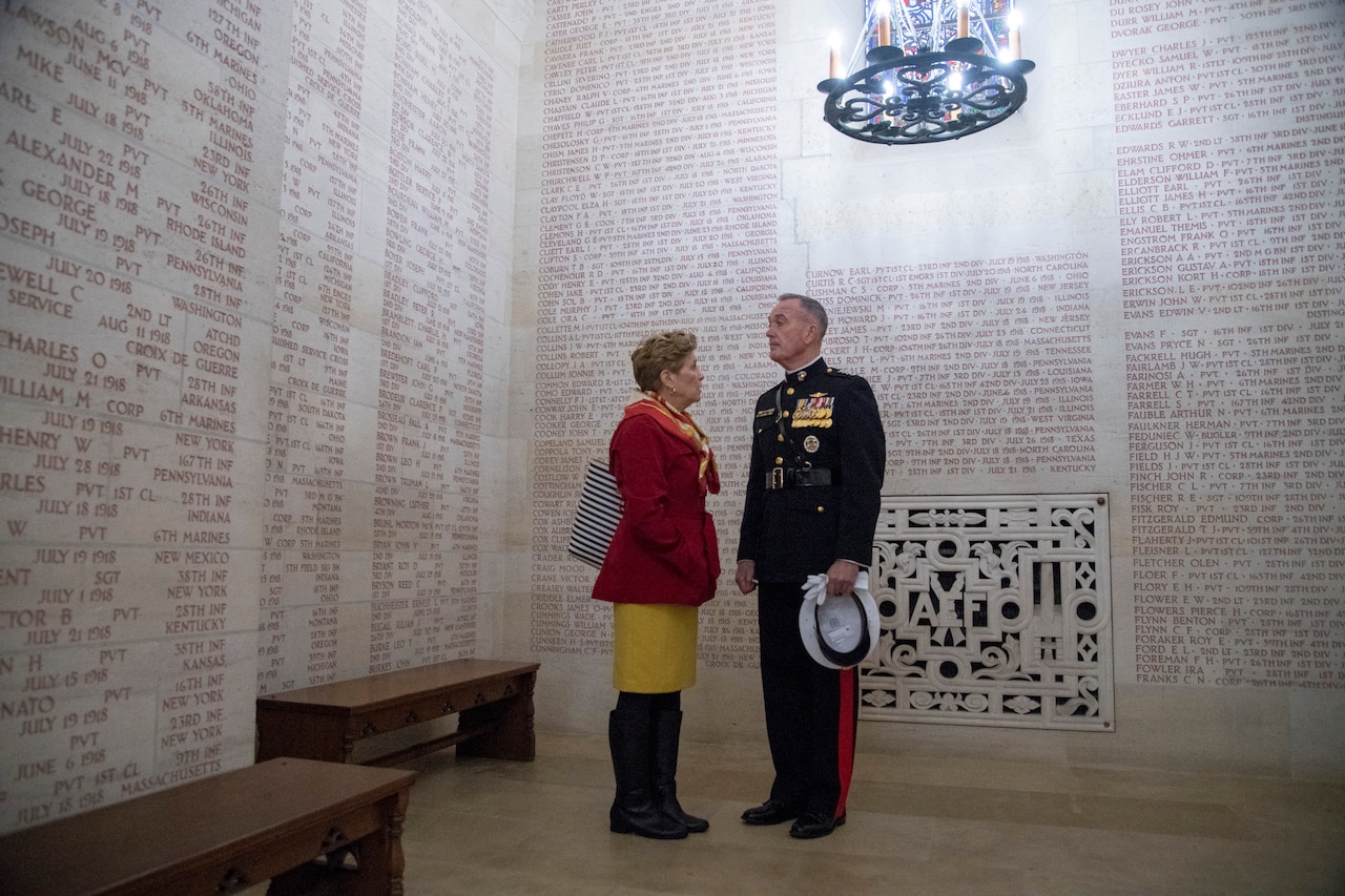 Marine Corps Gen. Joe Dunford and his wife, Ellyn stand in a chapel.