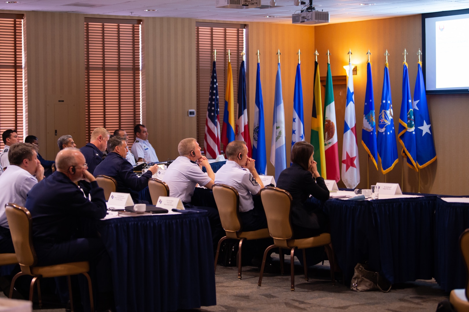 Representatives from eight Latin American air forces listen to a presentation during the Central American and Caribbean Air Chief’s conference at Davis-Monthan Air Force Base, Ariz., Nov. 6-8, 2018.