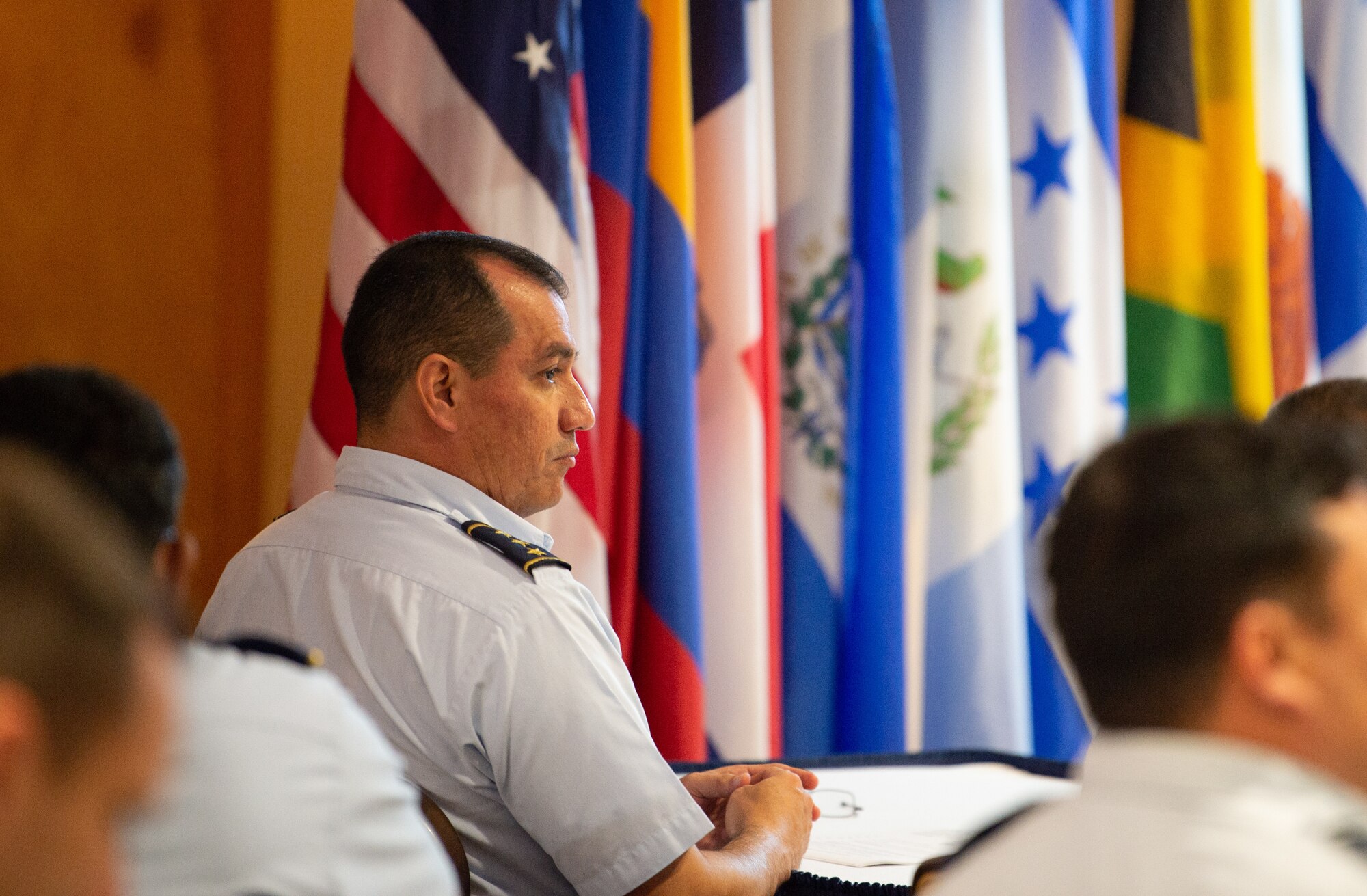 Colonel Salvador Hernández Vega, Salvadoran Air Force Commander, listens to a presentation during the Central American and Caribbean Air Chief’s conference at Davis-Monthan Air Force Base, Ariz., Nov. 6-8, 2018.