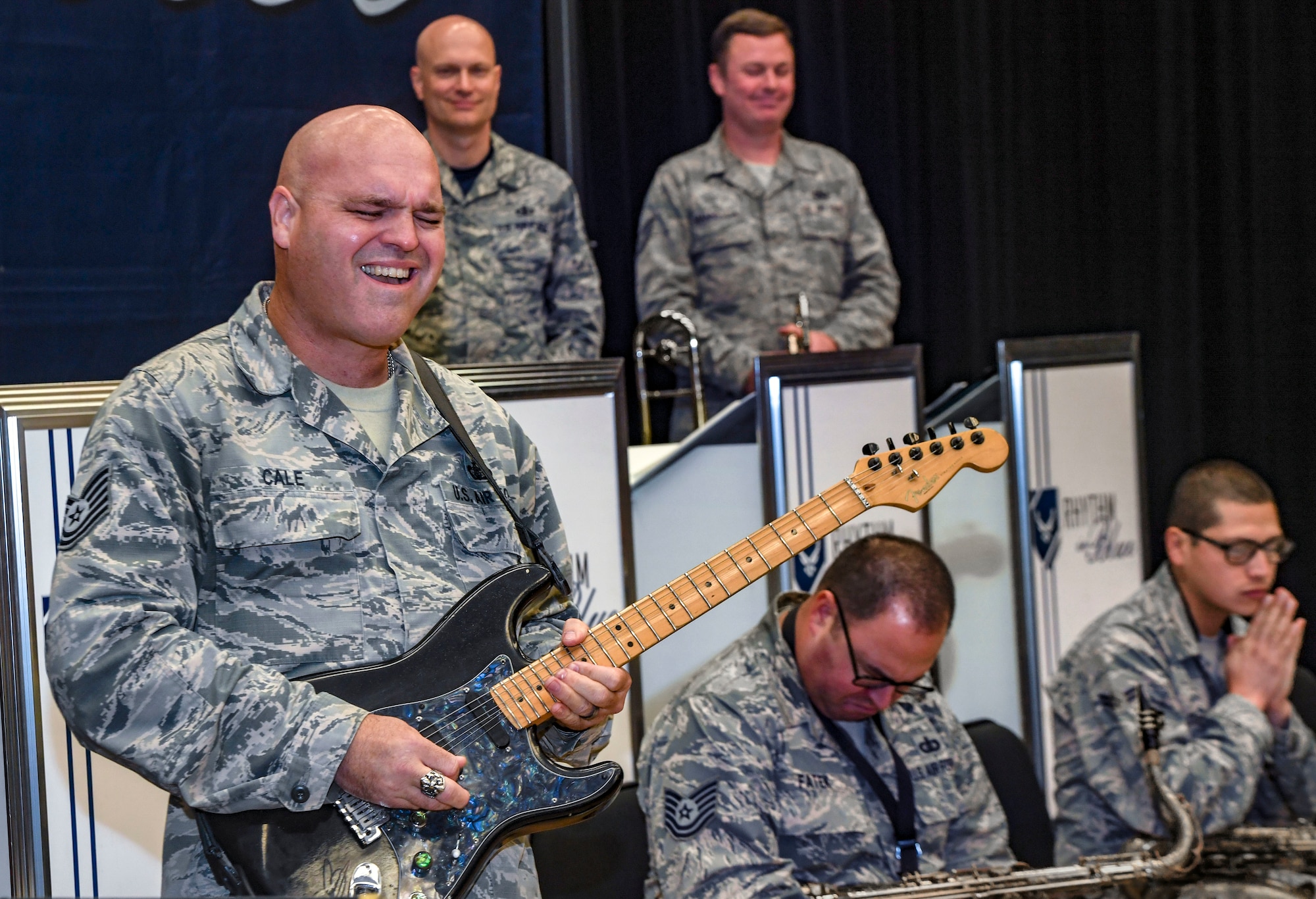 Tech. Sgt. Jason Cale, Rhythm in Blue guitar player, plays during a training session at Joint Base Langley-Eustis, Va., Oct. 26, 2018. The Air Force’s bands consist of one premier band, eleven active duty bands and five Air National Guard bands that feature professional enlisted and commissioned musicians. Their bands honor, inspire and connect reaching over six million listeners at over five thousand live and televised performances each year. (U.S. Air Force photo by Tech. Sgt. Nick Wilson)