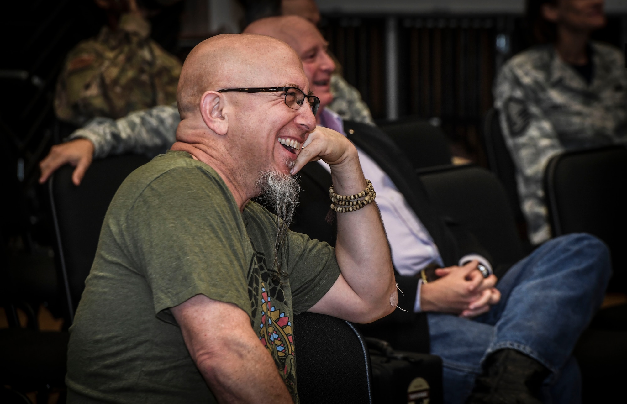 Grammy Award-winning saxophonist Jeff Coffin laughs with Airmen during a visit to the Rhythm in Blue Jazz band at Joint Base Langley-Eustis, Va., Oct. 26, 2018. Coffin is internationally recognized as a member of the Dave Matthews rock band and is also a five-time Grammy Award winning saxophonist, composer and author.  (U.S. Air Force photo by Tech. Sgt. Nick Wilson)