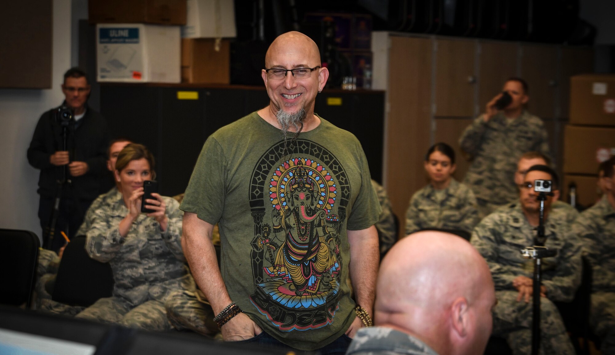 Grammy Award-winning saxophonist Jeff Coffin speaks to Airmen during a visit to the Rhythm in Blue Jazz band at Joint Base Langley-Eustis, Va., Oct. 26, 2018. Coffin discussed his personal experiences and emphasized the impact music can make on the world when it is used as a tool to bridge cultural gaps. (U.S. Air Force photo by Tech. Sgt. Nick Wilson)
