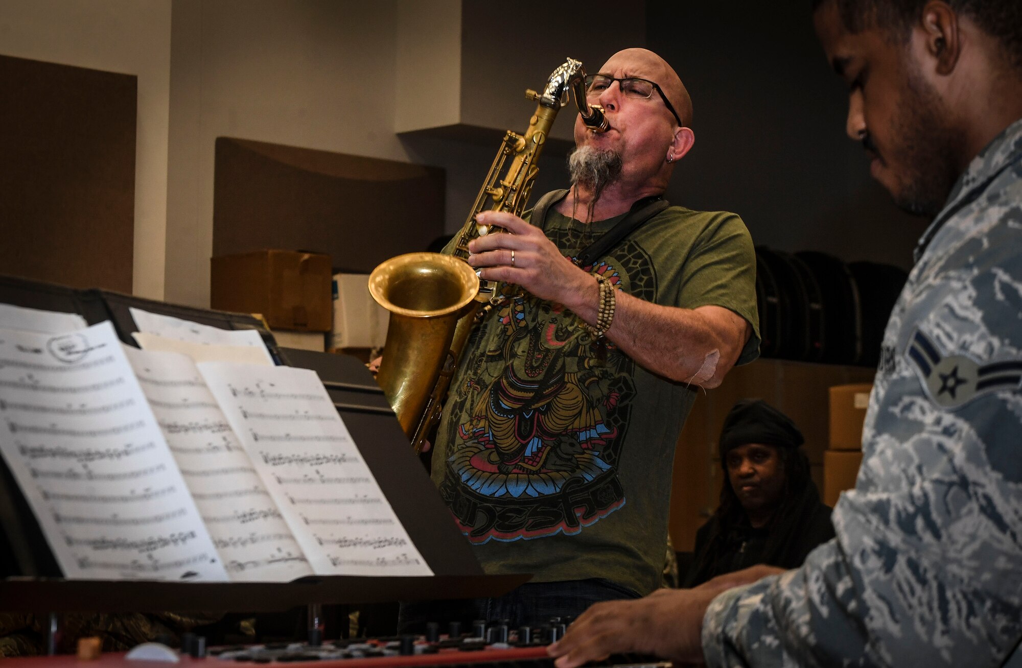 Grammy Award-winning musician Jeff Coffin plays the tenor saxophone during a training session at Joint Base Langley-Eustis, Virginia, Oct. 26, 2018. The Air Force’s bands consist of one premier band, eleven active duty bands and five Air National Guard bands that feature professional enlisted and commissioned musicians. Their bands honor, inspire and connect reaching over six million listeners at over five thousand live and televised performances each year. (U.S. Air Force photo by Tech. Sgt. Nick Wilson)