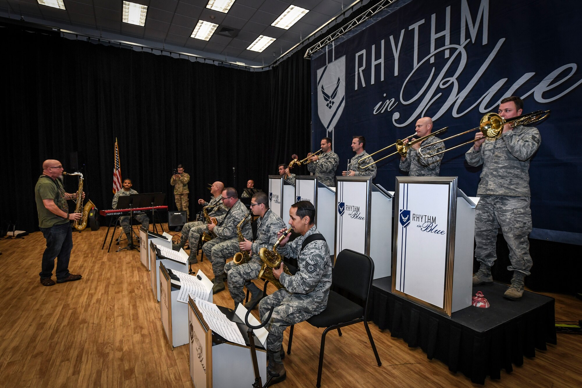 Five-time Grammy Award winner and internationally recognized saxophonist, composer and author Jeff Coffin performs alongside members of the Rhythm in Blue jazz band at Joint Base Langley-Eustis, Virginia, Oct. 26, 2018. Air Force bands serve as a dynamic element to recruit future Airmen to serve in the United States Air Force. In partnership with Air Force Recruiting Service, they perform for events that generate interest and enthusiasm for military service. (U.S. Air Force photo by Tech. Sgt. Nick Wilson)